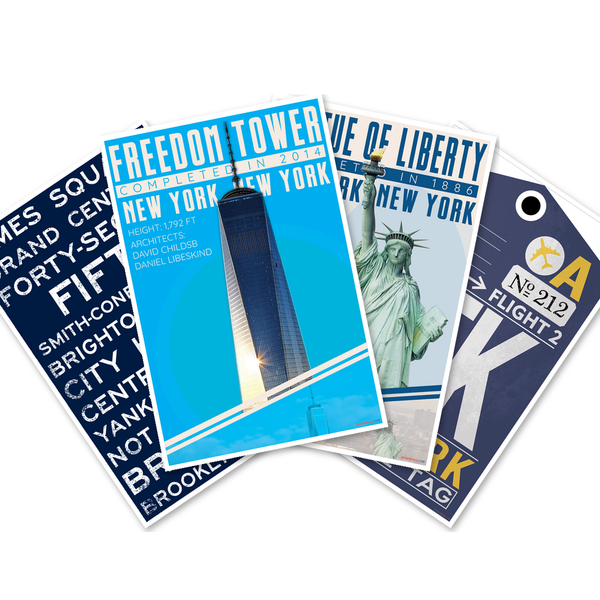 New York City Landmarks JFK Airport Baggage Tag, Subway Signs, Statue of Liberty, Freedom Tower Poster Set — 4 Prints 12x18 Inch US Made