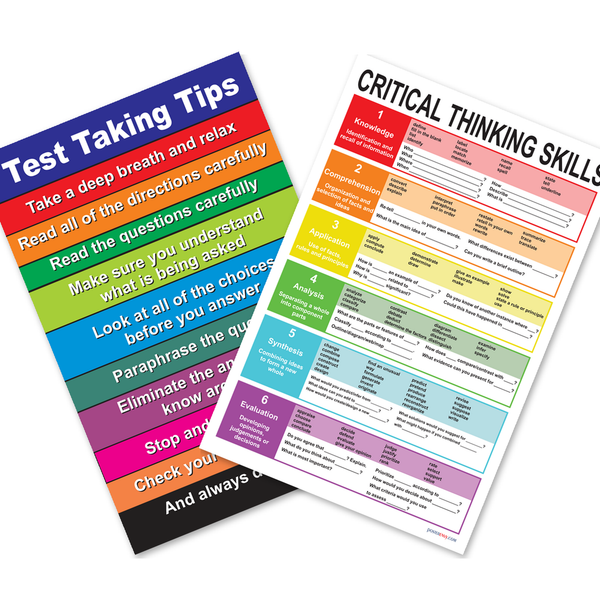 Test Taking Skills, Critical Thinking — 2 Poster Set — Study Strategies, Critical Thinking Skills — 12x18 Inch | Made in USA