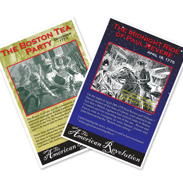 American Revolution — 2 Poster Set — Boston Tea Party December 1773, Midnight Ride of Paul Revere April 1775 — 12x18 Inch | Made in USA