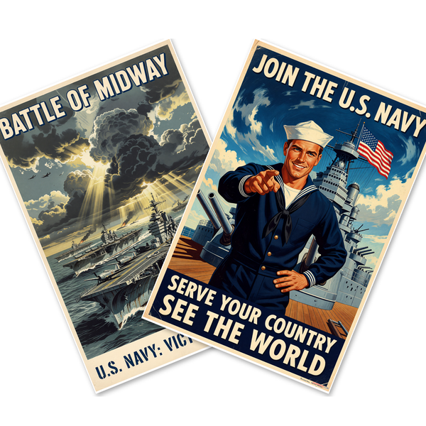 WWII Navy — 2 Poster Set — Battle of Midway, Join the US Navy — 12x18 Inch | Made in USA
