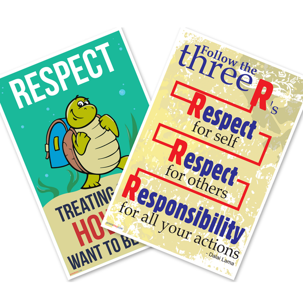 Positive Behavior Support — 2 Poster Set — Respect Golden Rule Turtle, Three R's Respect Responsibility Dalai Lama — 12x18 Inch | Made in USA