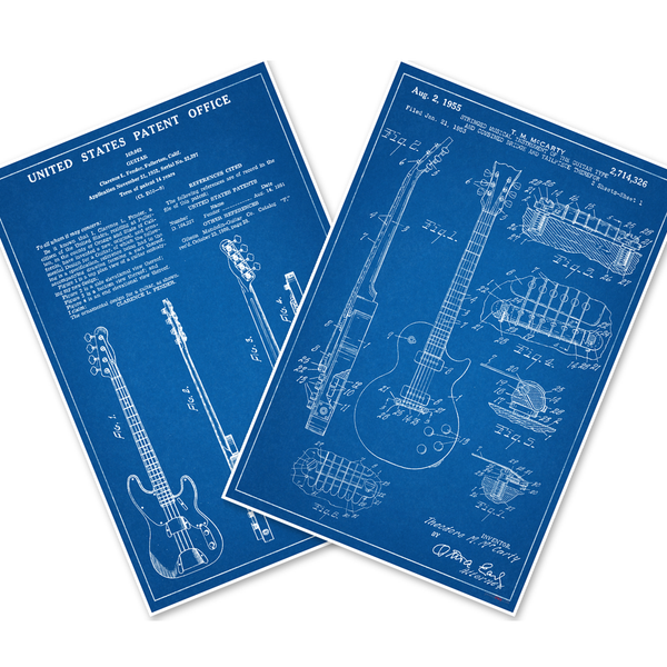 Guitar Patents — 2 Poster Set — Fender Bass, Gibson Les Paul — 12x18 Inch | Made in USA