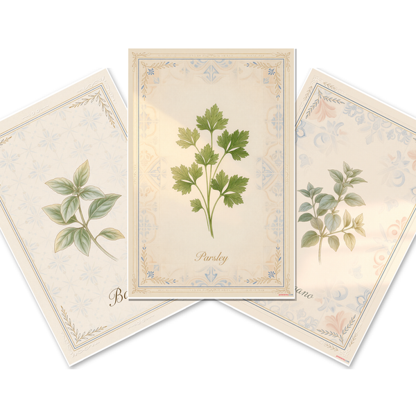 Kitchen Herb Wall Art — 3 Poster Set — Basil, Oregano, Parsley — 12x18 Inch | Made in USA