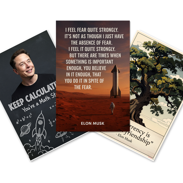 Elon Musk Motivational — 3 Poster Set — Math Chalkboard, Oak Tree Friendship Quote, Mars Rocket Fear Quote — 12x18 Inch | Made in USA