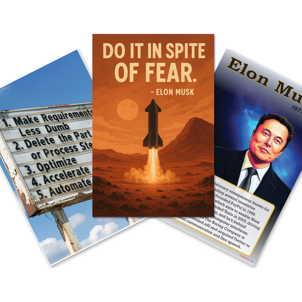 Elon Musk — 3 Poster Set — Rusted Roadside Sign, Biography Portrait, Do It In Spite Of Fear — 12x18 Inch | Made in USA