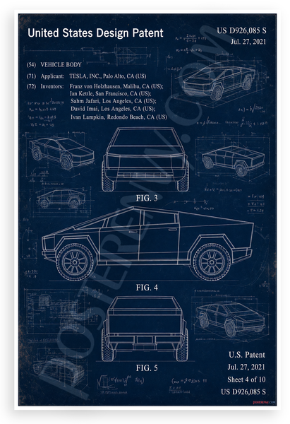 Tesla Cybertruck US Design Patent Blueprint 12"x18" US Made Poster