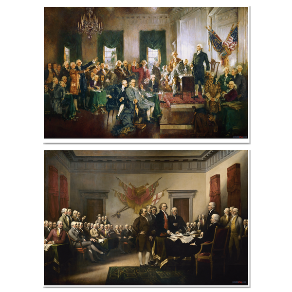 Founding Fathers — 2 Poster Set — Signing of the Constitution, Declaration of Independence — 12x18 Inch | Made in USA