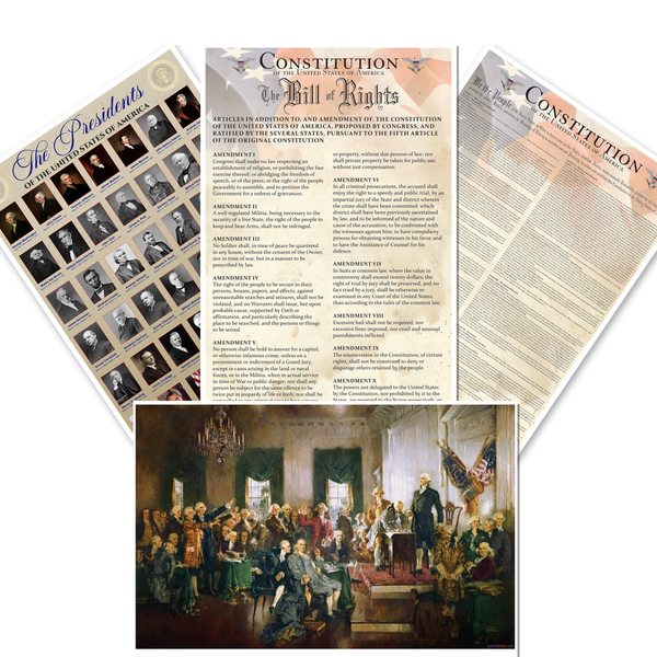 US Constitution & Presidents — 4 Poster Set — The Presidents of the United States, US Constitution, Bill of Rights, Signing of the Constitution — 12x18 Inch | Made in USA