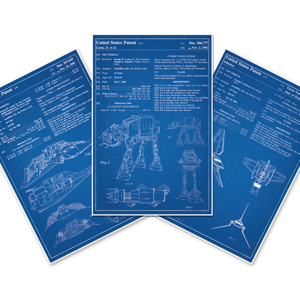 Vintage Star Wars Patent Blueprints — 3 Poster Set — Snowspeeder, Imperial Shuttle, AT-AT Walker — 12x18 Inch | Made in USA