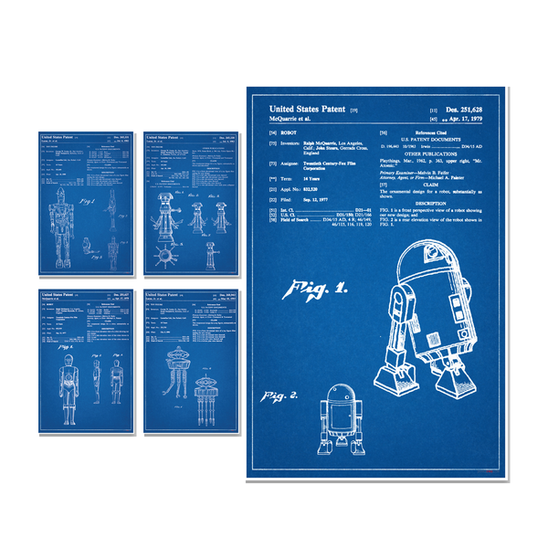 Star Wars Droid Patents — 5 Poster Set — IG-88, C-3PO, Pro Bot, Imperial Health Droid, R2-D2 — 12x18 Inch | Made in USA