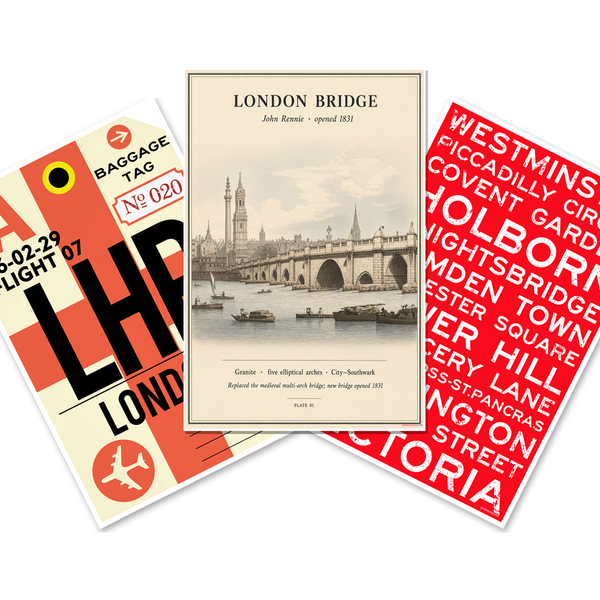 Vintage London Travel — 3 Poster Set — LHR London, Underground Signs, London Bridge — 12x18 Inch | Made in USA