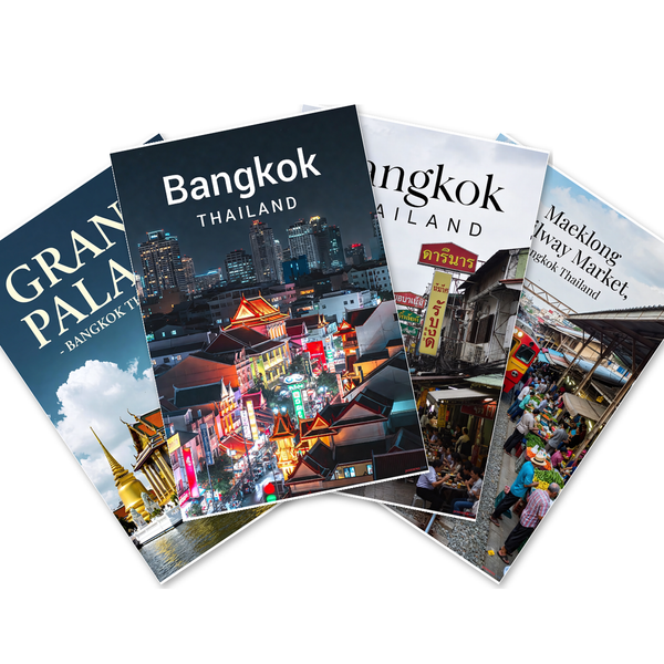 Bangkok Thailand — 4 Poster Set — Grand Palace, Maeklong Railway Market, Busy Market Street, Cityscape Night Lights — 12x18 Inch | Made in USA