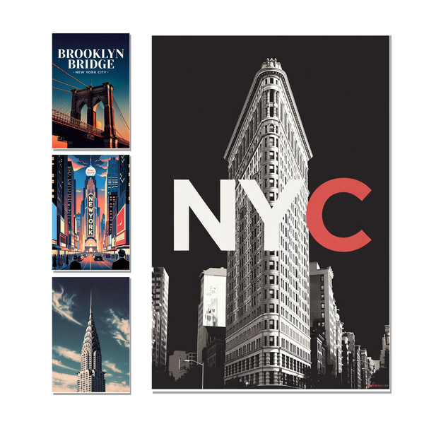 New York City Landmarks — 4 Poster Set — Brooklyn Bridge, Times Square, Chrysler Building, Flatiron Building — 12x18 Inch | Made in USA
