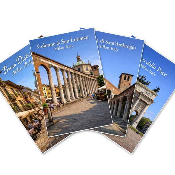 Milan Italy Landmarks — 4 Poster Set — Brera District, Arco della Pace, Basilica di Sant'Ambrogio, Colonne di San Lorenzo — 12x18 Inch | Made in USA