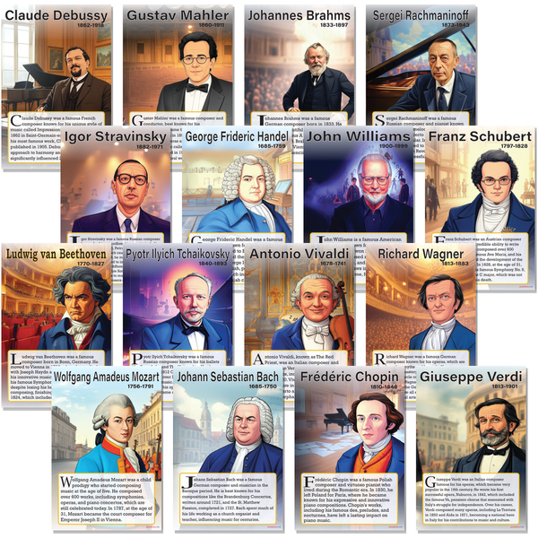 Classical Composers Master Set — 16 Poster Set — Debussy, Mahler, Brahms, Rachmaninoff, Stravinsky, Handel, Williams, Schubert, Beethoven, Tchaikovsky, Vivaldi, Wagner, Mozart, Bach, Chopin, and Verdi