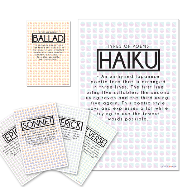 Types of Poems — 6 Poster Set — Haiku, Ballad, Epic, Free Verse, Limerick, Sonnet — 12x18 Inch | Made in USA