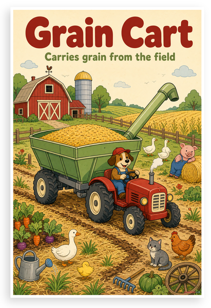 Grain Cart Tractor Farm Scene Children's Illustration 12"x18" US Made Poster