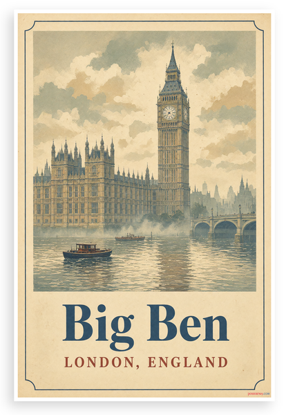 Big Ben London England Vintage Travel 12"x18" US Made Poster