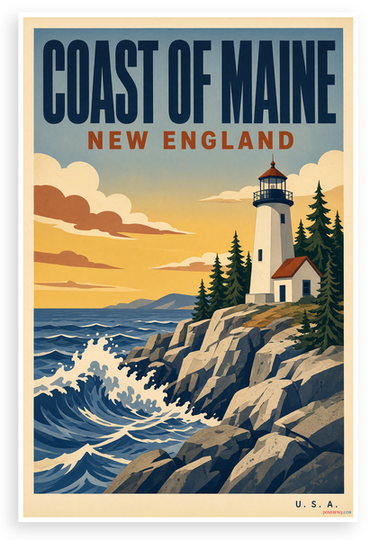 Coast of Maine New England Vintage Travel 12"x18" US Made Poster