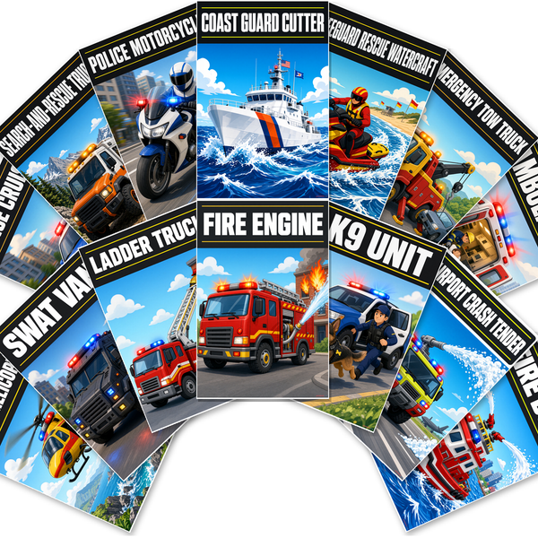 Emergency Vehicles — 14 Poster Set — Police Cruiser, Ambulance, Search and Rescue Truck, Emergency Tow Truck, Police Motorcycle, Coast Guard Cutter, and more | 12x18 inch | Made in USA