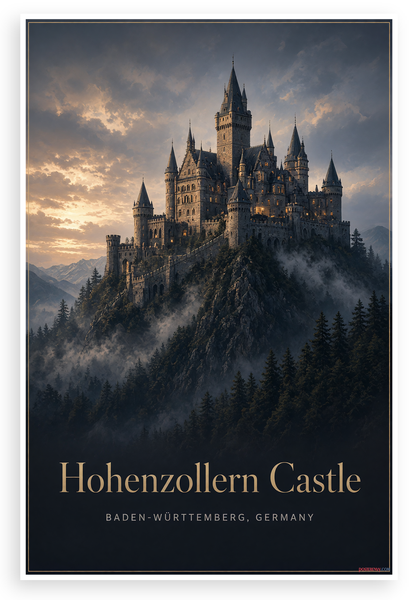 Hohenzollern Castle Gothic Revival Dusk Landscape 12"x18" US Made Poster