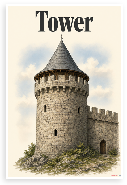 Tower Medieval Stone Illustration Educational 12"x18" US Made Poster