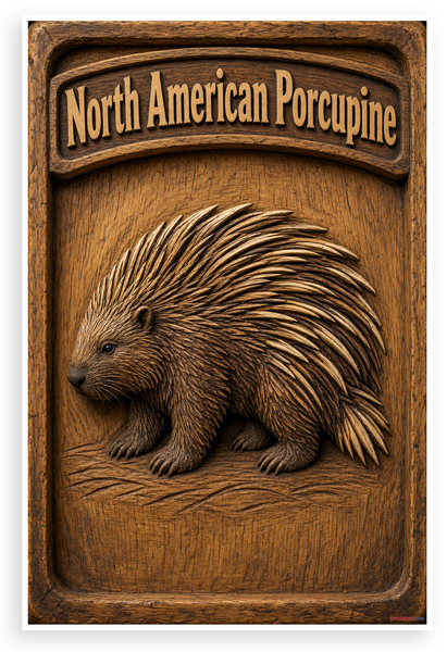 North American Porcupine Carved Wood Wildlife 12"x18" US Made Poster