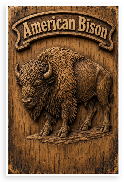 American Bison Rustic Carved Wood Wildlife 12"x18" US Made Poster