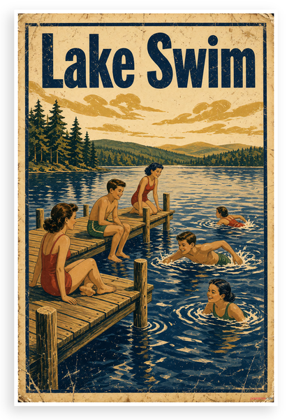 Lake Swim Vintage Retro Camp Poster 12"x18" US Made Poster