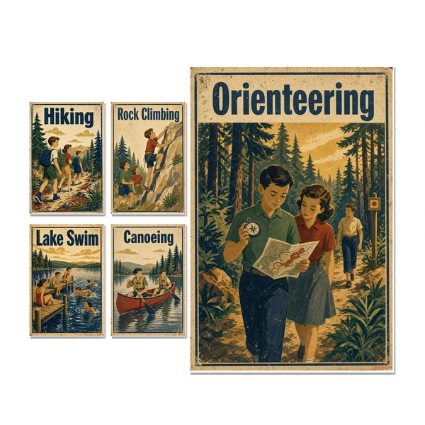 Vintage Camp Signs — 5 Poster Set — Hiking, Lake Swim, Canoeing, Rock Climbing, Orienteering — 12x18 Inch | Made in USA