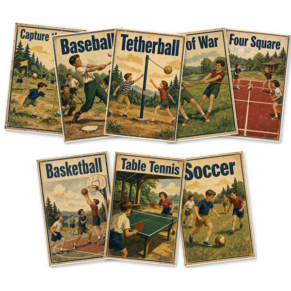 Vintage Camp Sports & Games — 8 Poster Set — Capture the Flag, Four Square, Basketball, Baseball, Tug of War, Soccer, Tetherball, Table Tennis — 12x18 Inch | Made in USA