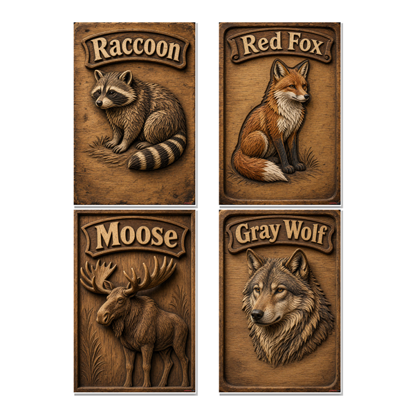 Rustic Carved Wood Wildlife — 4 Poster Set — Raccoon, Red Fox, Moose, Gray Wolf — 12x18 Inch | Made in USA