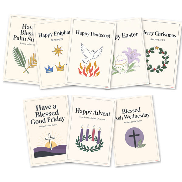Christian Holy Days — 8 Poster Set — Palm Sunday, Christmas, Good Friday, Epiphany, Easter, Ash Wednesday, Pentecost, Advent — 12x18 Inch | Made in USA