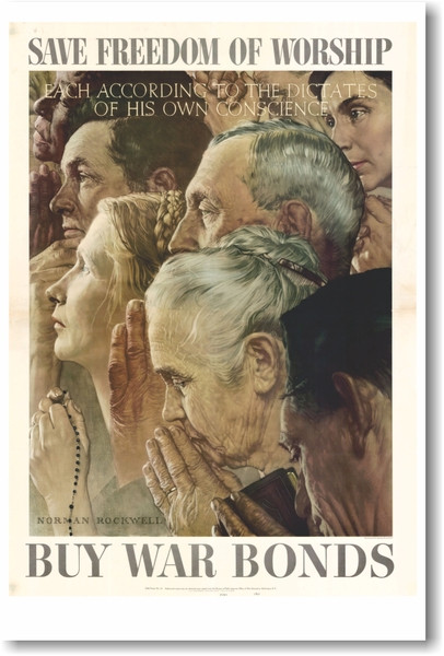 Save Freedom of Worship - Buy War Bonds - Norman Rockwell - NEW Vintage Reprint Poster