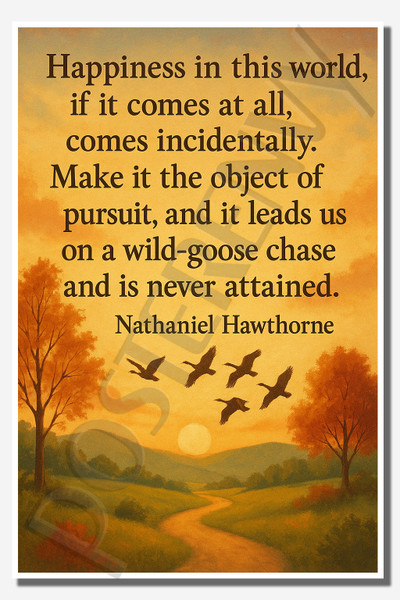 Happiness in this world if it comes at all comes incidentally - Nathaniel Hawthorne - Inspirational Poster - 18 inch x 12 inch