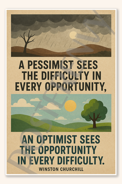 A pessimist sees the difficulty in every opportunity an optimist sees the opportunity in every difficulty - Winston Churchill Poster - 18 inch x 12 inch