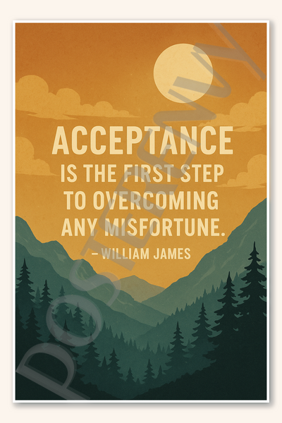 Acceptance is the first step to overcoming any misfortune - William James Poster - 18 inch x 12 inch