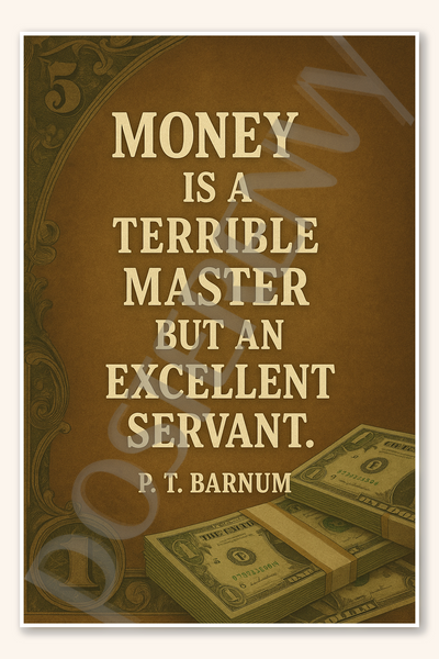 Money is a terrible master but an excellent servant - PT Barnum Poster - 18 inch x 12 inch
