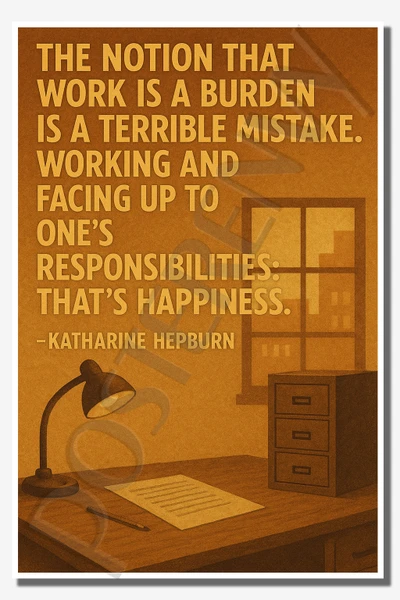 The notion that work is a burden is a terrible mistake Working and facing up to one's responsibilities That's happiness - Katharine Hepburn 1 - Inspirational Poster - 18 inch x 12 inch