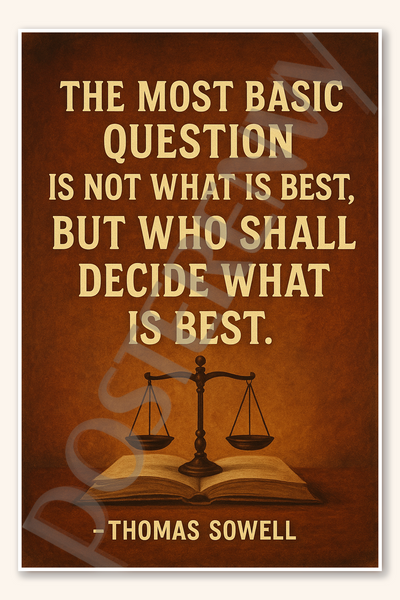 The most basic question is not what is best, but who shall decide what best - Thomas Sowell Poster - 18 inch x 12 inch