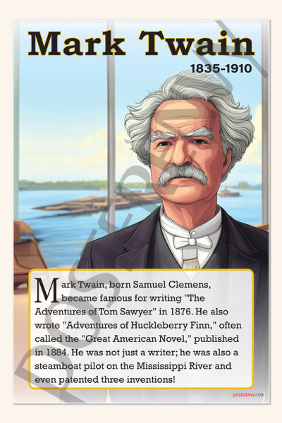 Mark Twain - American Humorist & Writer - Biography Poster 18" x 12"