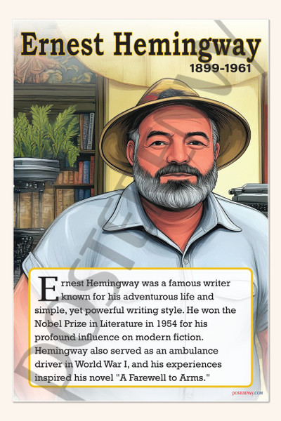 Ernest Hemingway - Nobel Prize-Winning Author - Biography Poster 18" x 12"