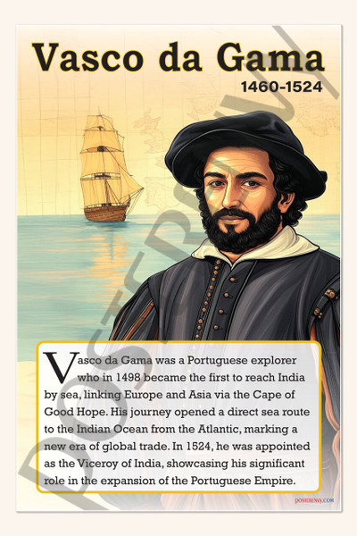 Vasco da Gama - Portuguese Explorer & Trade Route Pioneer - Biography Poster 18" x 12"