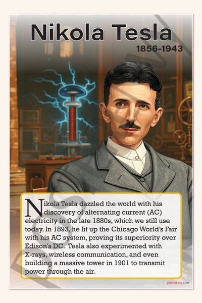 Nikola Tesla - Inventor & Electrical Engineer - Biography Poster 18" x 12"