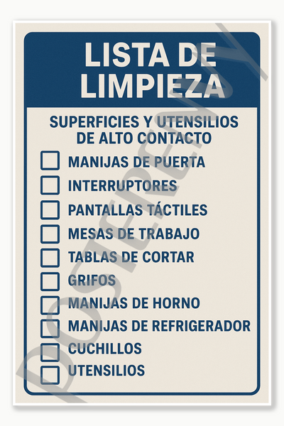 Cleaning checklist for high-touch surfaces and utensils - Spanish Restaurant Kitchen Workplace Food Safety Employee sign poster - 18 inch x 12 inch