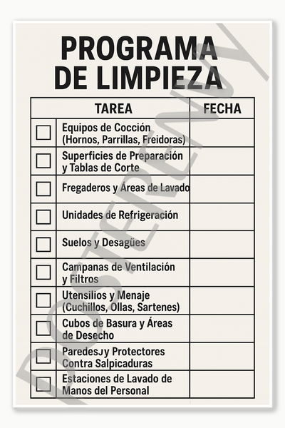 Cleaning schedule for high-touch surfaces and utensils - Spanish Restaurant Kitchen Workplace Food Safety Employee sign poster - 18 inch x 12 inch