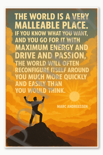 The world is a very malleable place the world will often reconfigure itself around you much more quickly and easily than you would think Marc Andreesen Poster - 18 inch x 12 inch