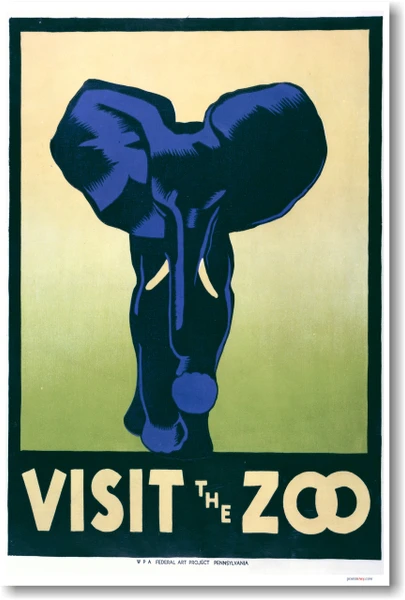 Visit The Zoo - Blue Elephant WPA - New Classic Vintage Art Print Poster (vi028)