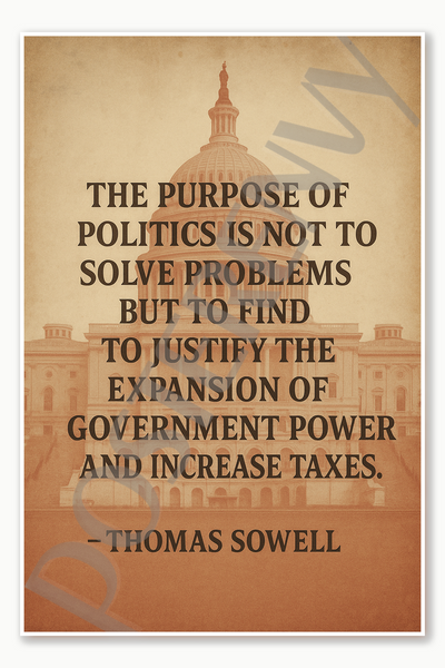 The purpose of politics is not to solve problems but to find problems justify the expansion of government power and increase taxes Thomas Sowell Poster - 18 inch x 12 inch