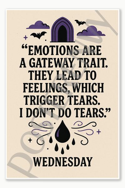 Emotions are a gateway trait They lead to feelings which trigger tears I don't do tears — Wednesday Poster - 18 inch x 12 inch